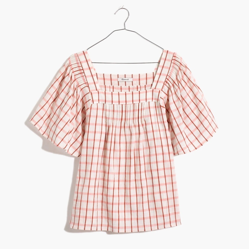 💫SALE Madewell Saure Neck Pintuck Butterfly Top in Windowpane Shirt
